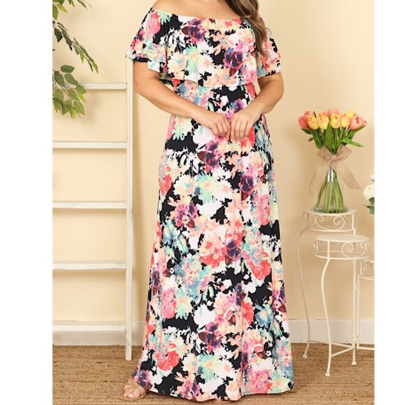 NWOT Black Multi Colour Printed Off shoulder Plus Size Long Maxi Dress Bohemian - Picture 1 of 7